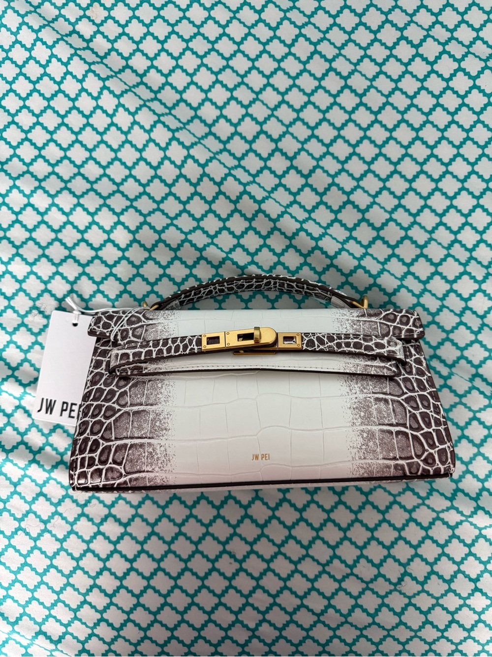 JW PEI White and Brown Croc-Effect Mini Top Handle Bag